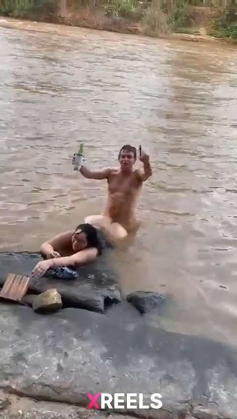 Uncle Drinking Beer And Fucking Milf In The River While Friends Watching
